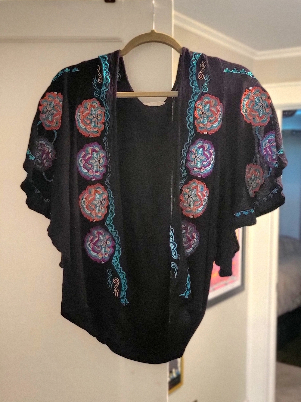 Entro Black Embroidered Open-Front Women's Kimono